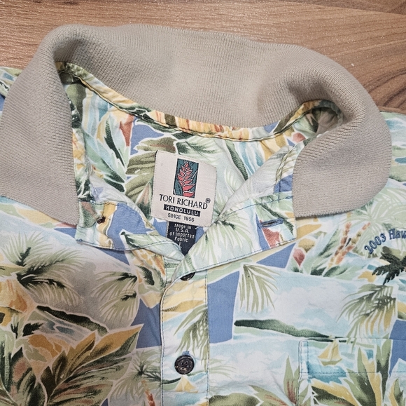 Tori Richard Honolulu Mens Polo Shirt Blue 2003 Tropical Floral Graphic Large - Picture 2 of 9